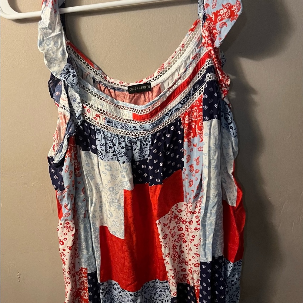 Coco + Carmen Red and Blue Patchwork Blouse